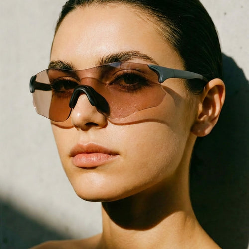 Amber Brown Rimless Shield Sunglasses