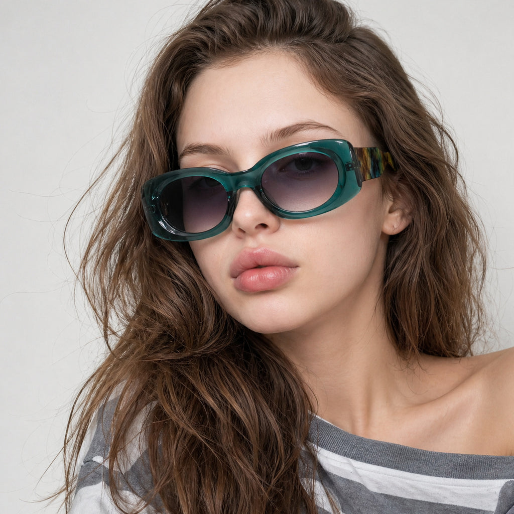 Emerald Green Rectangle Sunglasses with Patterned Temples